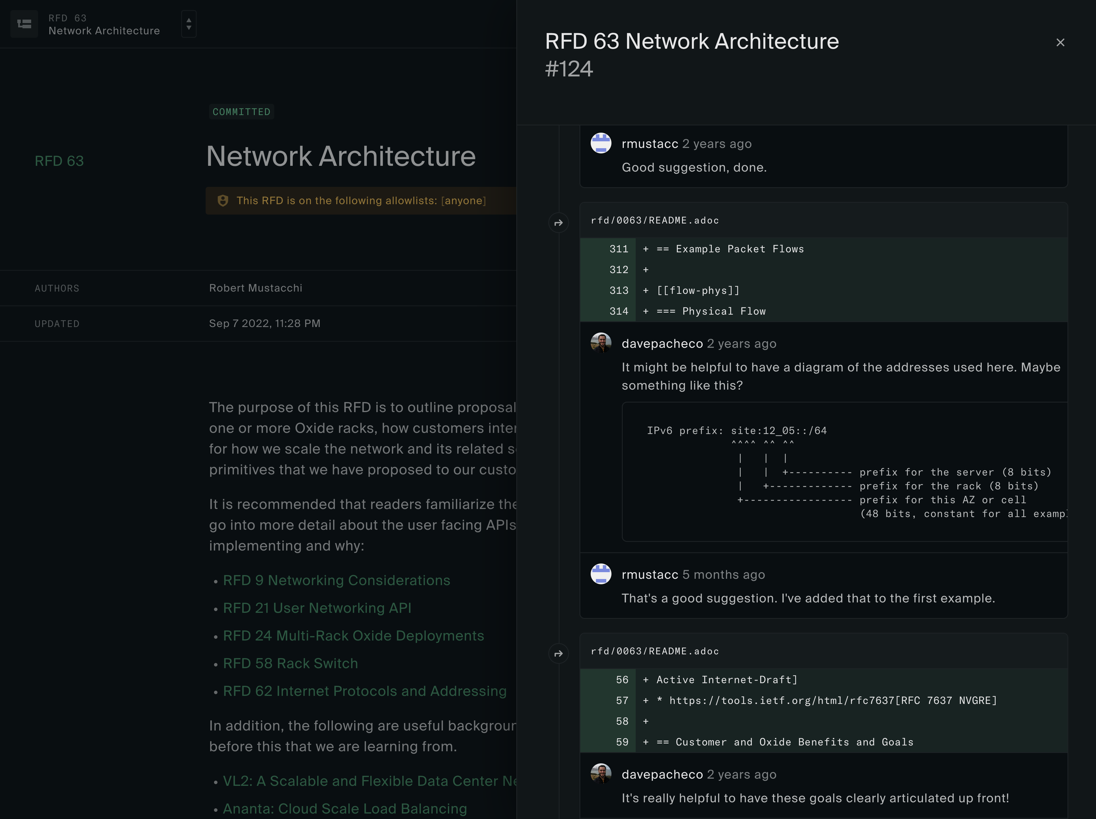 Dialog with a GitHub PR style timeline showing comments and snippets of the raw document